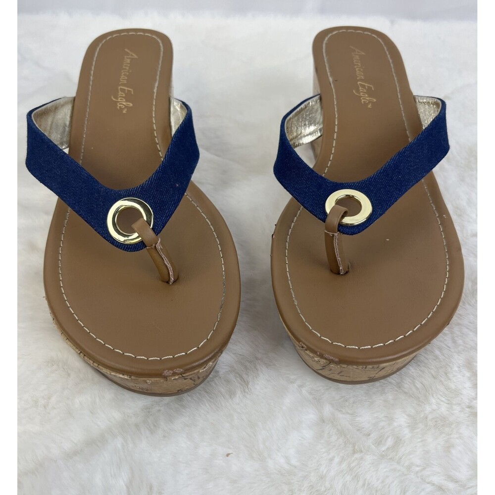 American Eagle Sandals Womens 8.5  Denim Wedge Sandals Cork.